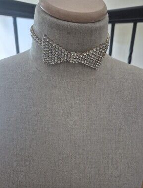 Rhinestone Bow Choker Necklace - Silver Sparkle. Gold Trim